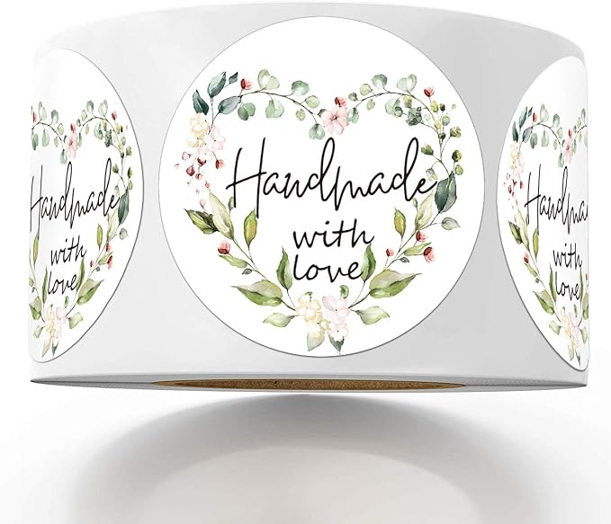 Greenery Handmade Labels, 1.4 in Round, 500 Adhesive Labels per Roll, Handmade Packaging