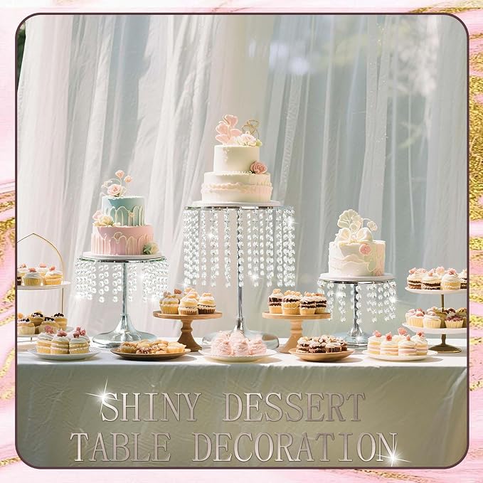 Metal Mirror Cake Stand Set with Crystal Pendants - Elegant Dessert Table Display for Weddings, Birthday Parties, Baby Showers, Events - Sturdy Crystal Bling Cupcake Stands for Pastries, Sweets, Decorations (Silver, Set of 6)