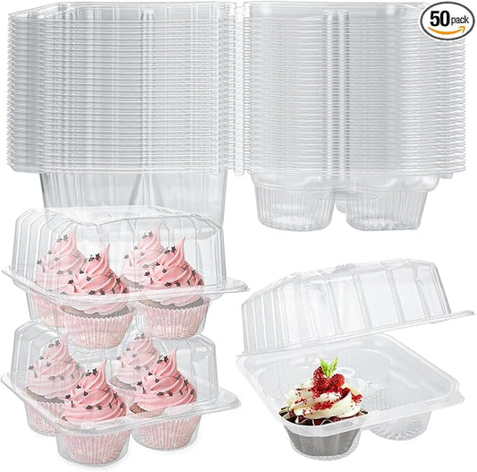 50 Pcs Cupcake Boxes 4 Count, Clear Plastic Cupcake Container Stackable, Deep Cupcake Carrier Holder Box for Carrying Cupcakes