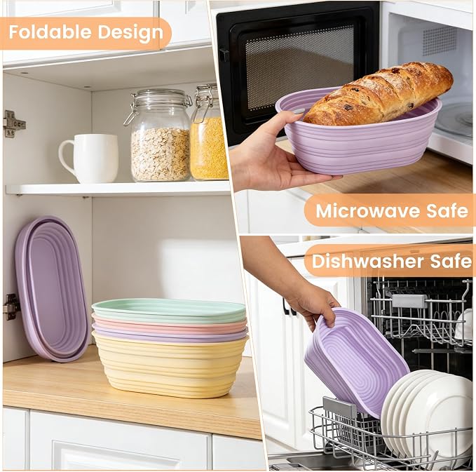 4 PCS 10Inch Silicone Bread Proofing Baskets Oval Banneton Basket Collapsible Sourdough Bread Baking Supplies Non-stick Dough Proofing Bowls Containers Oven Safe for Breads Making