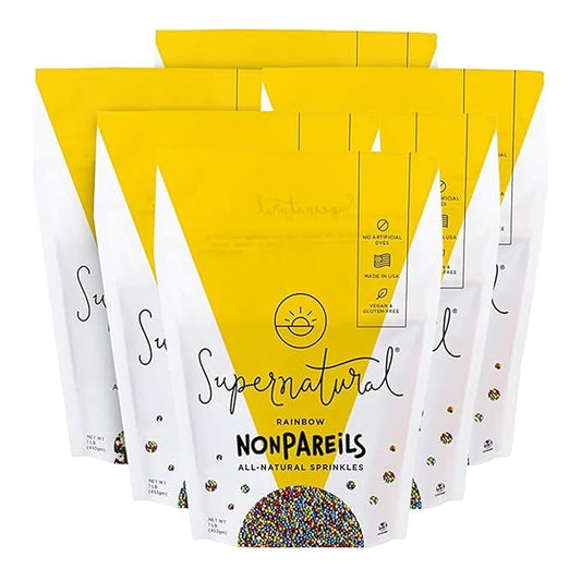 Rainbow Nonpareils Natural Sprinkles by Supernatural, 16oz Pack of 6, Plant Based Colors, Non GMO Sugar, Vegan, Gluten Free, Soy Free, Kosher, No Confectioners Glaze, All Natural Baking Decorations