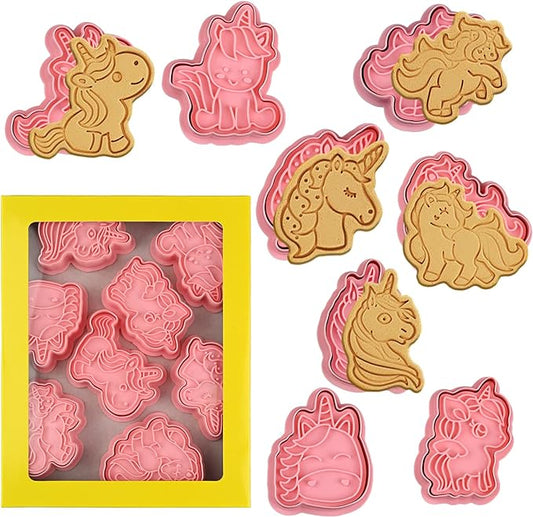 8 Piece Unicorn Cookie Cutter Set With Plunger Stamps - Unicorn Head Embossing Stamps For Biscuit Fondant Cheese Baking
