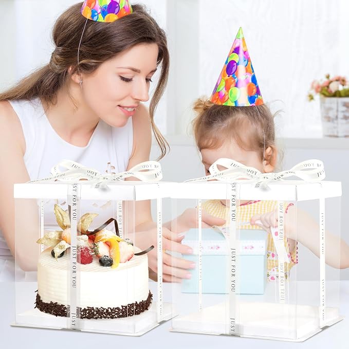 JCD 7" X 7" X 8" Ideal for 4" and 5" Inch two Layer Tiered Cakes Box,6 Pcs Transparent Cake Box with Ribbon for Pastries-Clear Boxes with Lid for Party and Display (White Lid, 7 * 7 * 8inch/6Pcs)