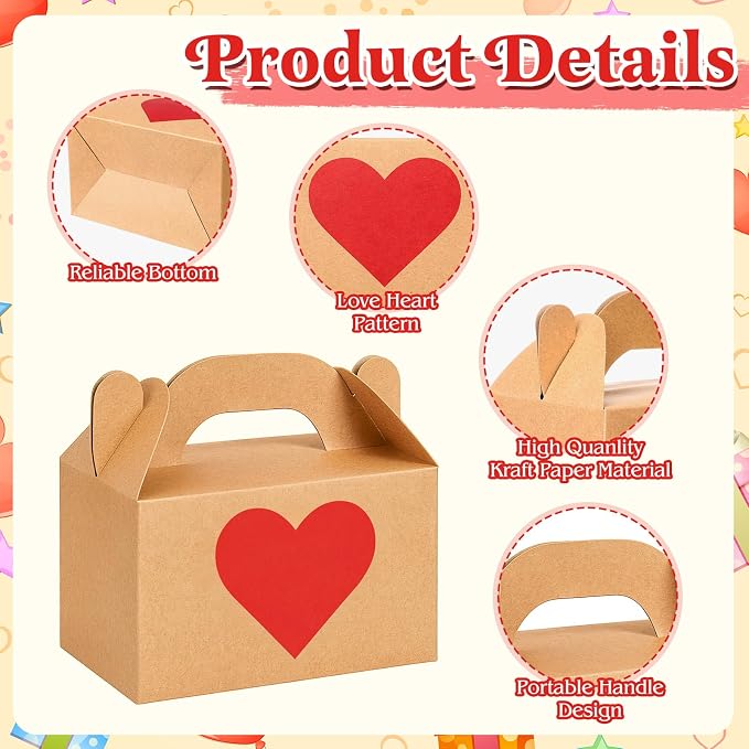 Colarr Mother's Gift Treat Boxes Hearts Prints Galentine Cookie Boxes with Handles 5.9 x 3.5 x 3.5 Inches Goodie Candy Container Kraft Paper Party Favor Holder(100 Pcs)