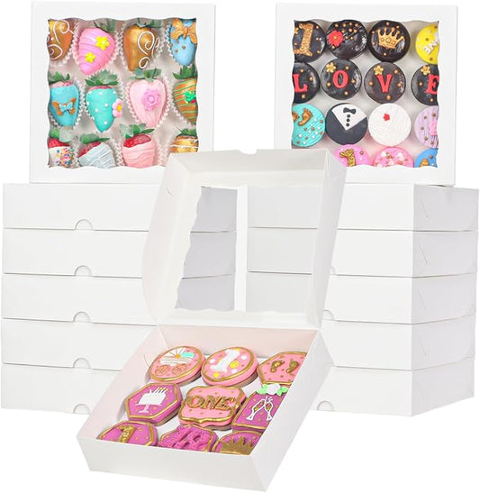 TEMLQPACK 50pcs 8x8x2 Inch White Bakery Boxes with Window - Perfect for Cookies, Chocolate Covered Strawberries, Pretzels, Cakesicles & More