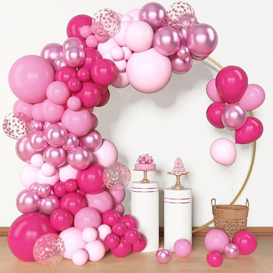 Amandir 153 Pcs Pink Balloon Arch Garland Kit, Different Sizes 18 12 10 5 inch Latex Metallic Confetti Hot Pink Balloons for Valentines Day Baby Shower Birthday Princess Wedding Party Decorations