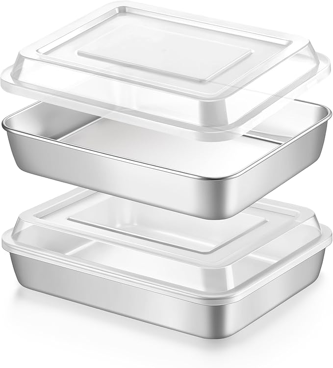 LIANYU 4-Piece Stainless Steel Deep Baking Pan Set with Lids, 10 x 8 Inch Rectangular Cake Pans, Roasting Bakeware for Lasagna, Brownies, Non-Toxic & Dishwasher Safe (2 Pan +2 Lid)