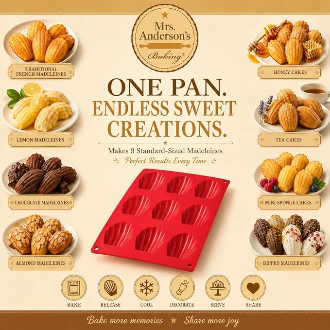Mrs. Anderson's Baking Silicone Madeleine Cookie Pan, 9 Cup, European-Grade Silicone Bakeware, For Madeleine Cookies And Shell-Shaped Pastries
