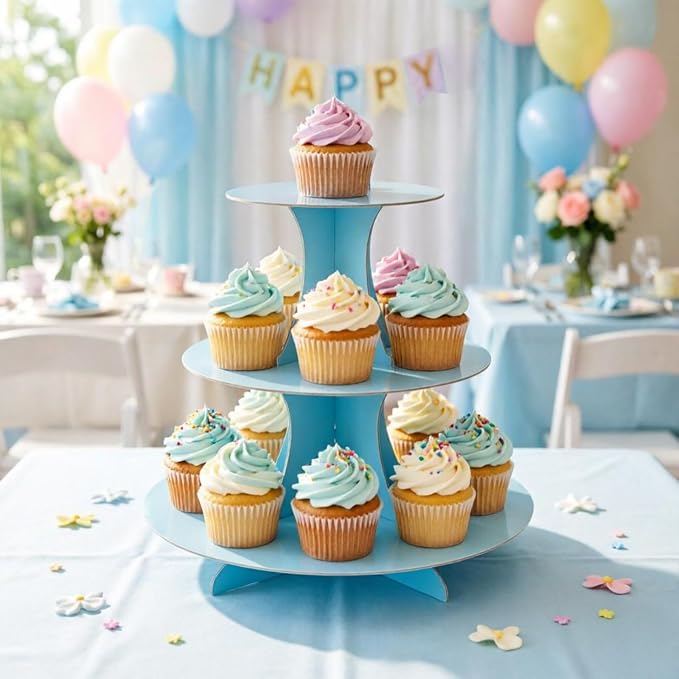 YLDW Cupcake Stand 2Pcs, 3-Tier Cupcake Stand Display, Cardboard Cup Cake Tower Stand, Disposable Dessert Stand for Birthday Tea Party Baby Shower Treat Decorations, Baby Blue