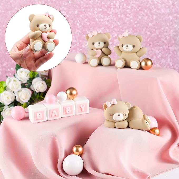 Yinder Bear Cake Toppers Mini Bear Cake Decorations Cake Toppers Gold White Pearl Ball for Birthday Party Decorations(Pink, Brown,Cute Style)