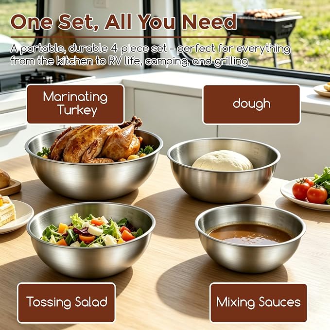Gronivex 304 Stainless Steel Mixing Bowls, 4-Piece (1.5, 2.2, 3.4 & 4.2 Qt) | Thicker-Gauge, Food-Grade Metal, Stackable Nesting & Space-Saving – For home baking, salads, cooking, and RV or grilling use