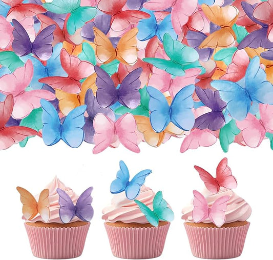 52 pcs edible wafer paper butterfly cake decoration, Cupcake topper multicolor butterfly decorative paper suitable for weddings birthdays Christmas cocktails (Watercolor mixing)