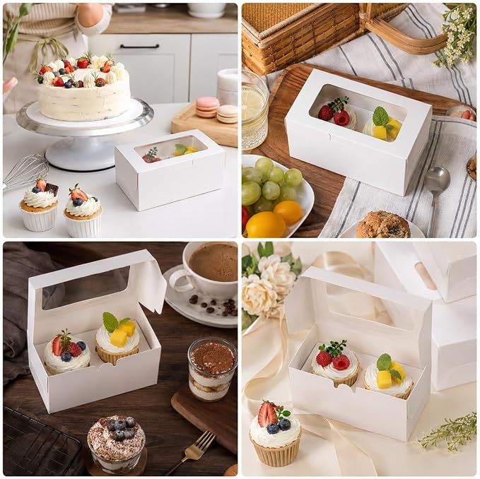 8 Pack White 2-Cavity Cupcake Boxes with Clear Window, 6.3 x 3.54 x 2.95 in Paper Treat Boxes with Inserts, 2-Cupcake Holders for Muffins, Cookies, Mini Cakes, Bakery Gifts and Parties