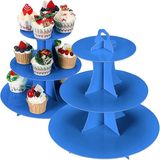 YLDW Cupcake Stand 2Pcs, 3-Tier Cupcake Stand Display, Cardboard Cup Cake Tower Stand, Disposable Dessert Stand for Birthday Tea Party Baby Shower Treat Decorations, Blue