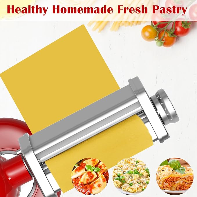 Pasta Roller Attachment for KitchenAid Stand Mixer, Stainless Steel Pasta Maker for Pasta, Ravioli, Noodle Dough Sheet Roller with 8 Adjustable Thickness Knob