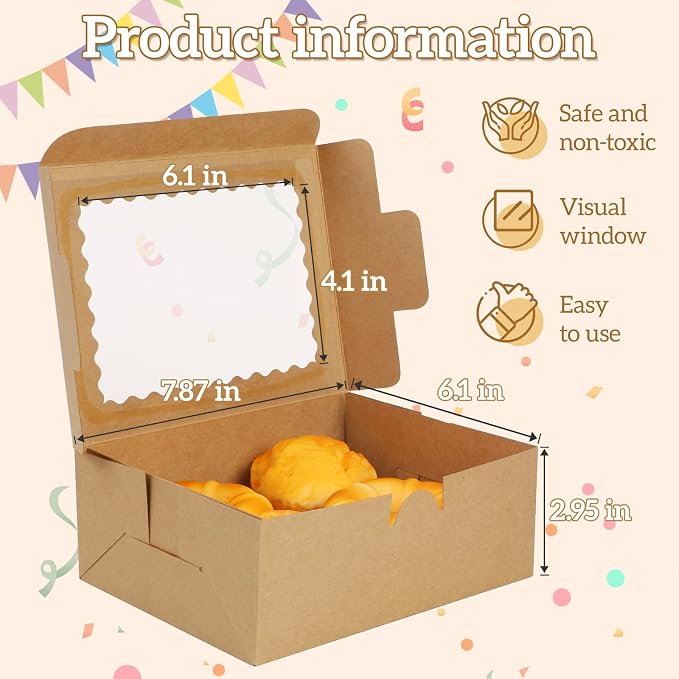 Cupcake Boxes,8X6X3 Inch 24Pack， Cookie Boxes with Window,Bakery Box,Kraft Paper Brown Gift Box for Pastries,Cookies,Cake,Donuts,Macaroon Gift Box,candy special food box,
