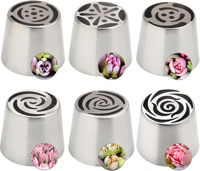 6Pack Extra Large Flower Russian Piping Tips Set, Stainless Steel Rose Tulip Icing Tips For Cake Decorating, Floral Piping Tips Flower Bouquet For Cookies Desserts Baking Tool(XXL,6C)