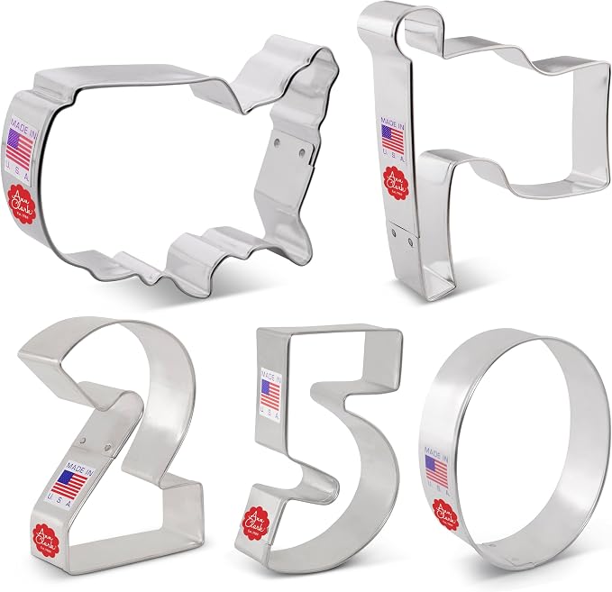 Ann Clark 5-Pc. America 250th Anniversary 4th of July Cookie Cutter Set, Made in USA, Numbers 2 5 0, Flag & USA Map