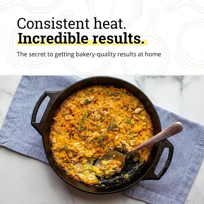 Lodge Seasoned Cast Iron Baker’s Skillet - Heavy Duty Baking Pan with Dual Handles - Oven Ready Cast Iron Bakeware for Desserts, Roasting & Baking - 10.25 Inches