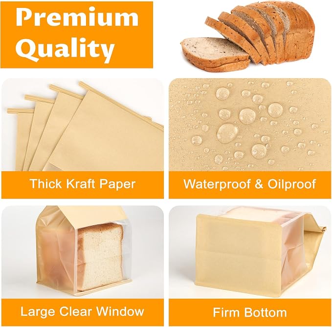 Sourdough Bread Bags with Tin Tie Tab Lock, 50 PCS, 10.3 x 6.3 x 5.1 Inch | Paper Bakery Bags with Window For Homemade Breads Cookies, Bagels, Pastries Bake Sale Packaging