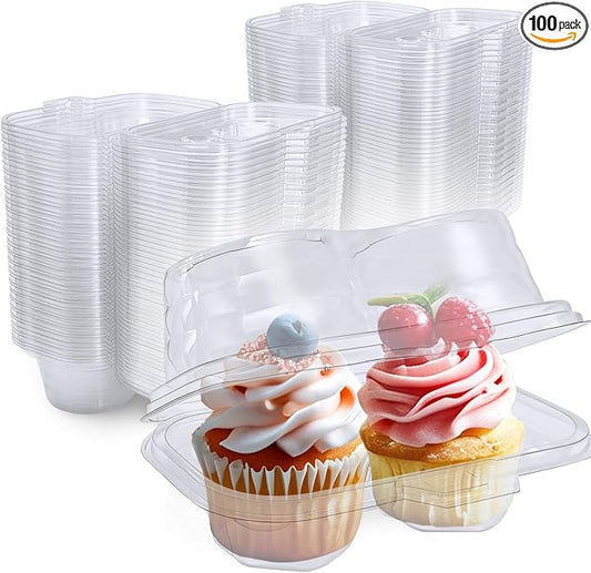 100 Pack Plastic Cupcake Containers with Lids, Disposable 2 Count Clear Cupcake Boxes Holders Carrier, Cake Storage Packaging to Go Muffin Containers for Dessert Donut Salad Bakery Wedding Party