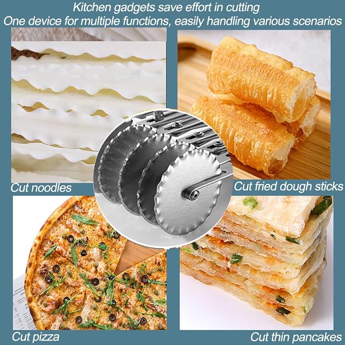 5-Wheel Pastry Knife,Spaghetti And Noodle Slicer, Stainless Steel Fluted Pasta Crimping Wheel Dough Crimper Cutter Roller Ravioli Maker Tool for Pizza Noodle Cracker(with handle)