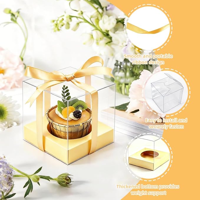 50 Pcs God Clear Plastic Cupcake Boxes, Individual 3.5 Inch Single Holder Containers with Insert and Ribbon, Paper Base for Wedding, Birthday, Party Favor Gift