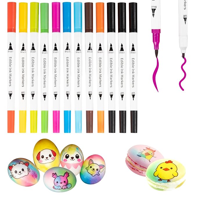 KORNNAC Food Coloring Edible Markers For Cookie Decorating,12pcs Color Pens,Double Side Comestibles Marker With Thick & Fine Tip For Cakes,cookie