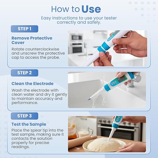 Digital pH Meter for Food - Professional pH Tester with Spear Probe for Sourdough, Fermentation, Hot Sauce, Canning, Cheese, Salami, Kimchi, Kombucha - Water-Resistant Kit with pH Calibration Powders