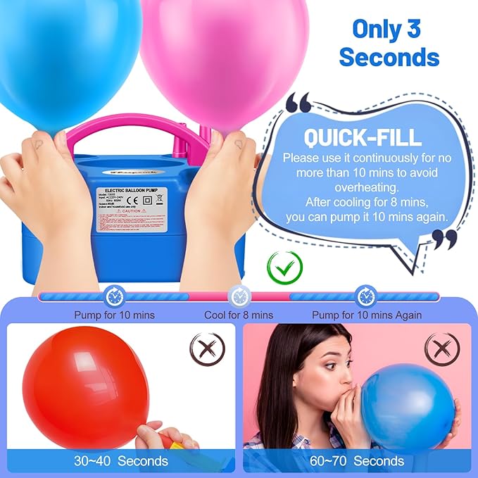 FLSEPAMB Balloon Pump, Electric Balloon Pump, Portable Dual Nozzle 110V 600W Electric Balloon Blower, Balloon Pump for Party Decorations with Tying Tool, Colored Ribbons