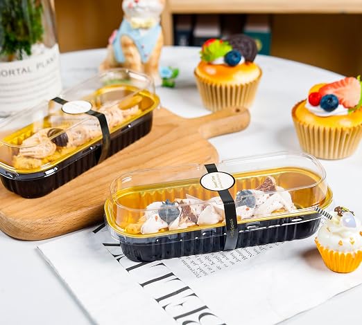 NPLUX 50 Pack Mini Cake Pans with Lids and Spoons Black Gold Rectangular Aluminum Foil Baking Pans Mini Cheesecake Containers, Graduation Gifts Party Favors(6.8oz)