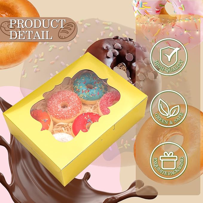 KPOSIYA 65 PCS 8x6x2.5 Inch Cookie Boxes with Window Gold Bakery Boxes Pastry Boxes for Gift Giving, Treat, Dessert, Cupcakes, Chocolate, Strawberries, Donuts, Muffins (5 Style Windows)