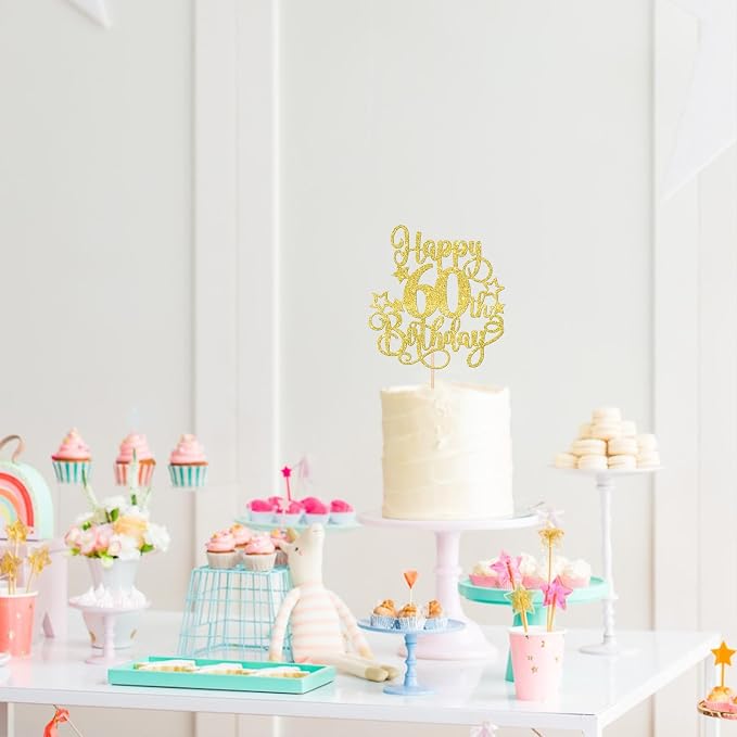 1 PCS Happy 60th Birthday Cake Topper Glitter Cheers to 60 Years Birthday Cake Pick Hello 60 Fabulous Cake Decoration for Happy 60th Birthday Anniversary Party Decorations Supplies Gold
