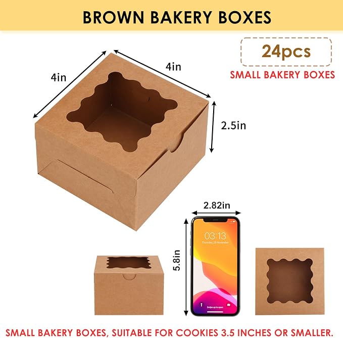 Moretoes 24pcs Bakery Boxes with Window, 4x4x2.5 Inches Brown Cookie Boxes for Small Pastries, Cookies Treats and Desserts