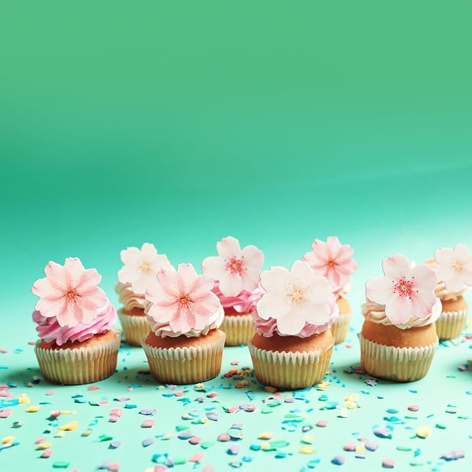 Gyufise 54Pcs Edible Cherry Blossoms Cupcake Toppers Edible Flowers Cake Decorations Wafer Paper Flowers Cupcake Topper for Baby Shower Kids Birthday Party Decorations Supplies Pink White