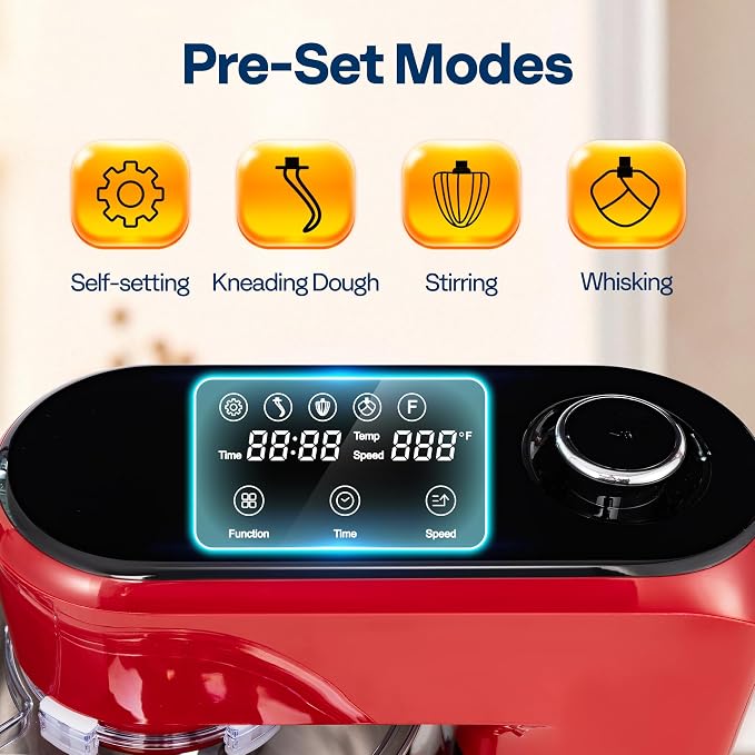 VIVOHOME Stand Mixer with Fermentation, One-Touch Presets Electric Dough Mixer with 6 Qt Bowl, Kitchen Standing Mixer for Baking, Cake with Flex Edge Beater, Bread Hook, Whisk, Red
