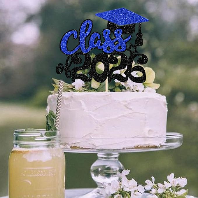 1 Pack 2026 Graduation Cake Topper Glitter Grad Cap Diploma Cake Decorations 2026 Senior Graduation Cake Pick for 2026 School Graduation Theme Party Cake Decoration Supplies Blue