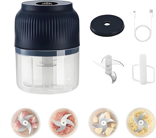 Cordless Multifunctional Electric Garlic Chopper,350ml Mini Food Processor with 6 Blades,USB Rechargeable 1-Touch Food Grinder for Garlic, Onion, Ginger, Chili (Blue,4 Blades&1 Egg Beater)