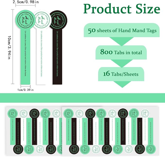 800pcs Handmade Food Baking Seal Stickers, Black Green White Self Adhesive Bakery Stickers, 3.9in Long Strip Tamper-Proof Packaging Sealing Labels for Lollipop Cake Cookie Bread