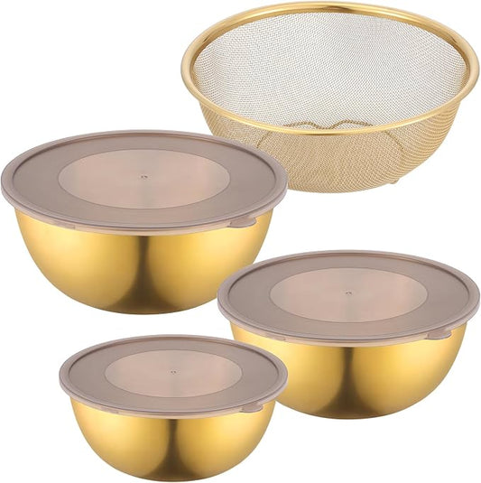 Gold Mixing Bowls with Airtight Lids Stainless Steel Mixing Bowl Set of 3 Metal Nesting Organizers and 1 Colander Non-slip Bottom for Baking Serving Food Size 2.22, 1.27,0.74 QT, Stackable