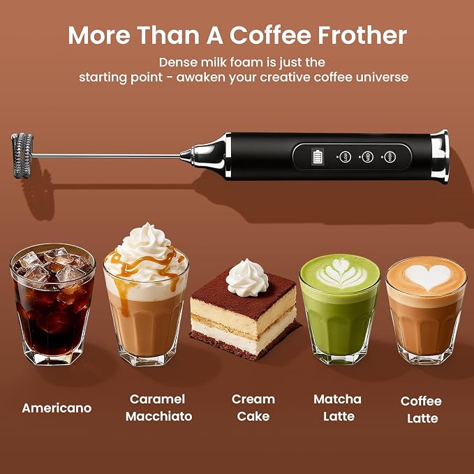 YUSWKO Milk Frother Wand for Coffee with Stand, Coffee Frother Handheld | Rechargeable Drink Mixer Wand, Waterproof Electric Whisk for Protein Powder, Lattes, 3 Variable Speeds 3 Whisks, Black