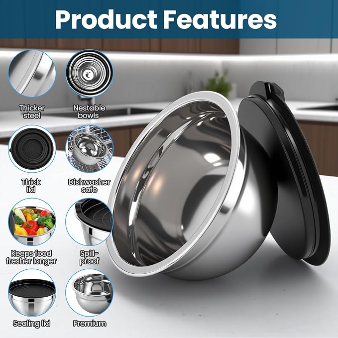 5 Pcs Mixing Bowls with Airtight Lids, Stainless Steel Mixing Salad Bowls with 3 Grater Attachments, Nesting Bowl for Kitchen Cooking, Prepping, Serving, Baking, 0.75/1/1.5/2.5/4.5QT, Black