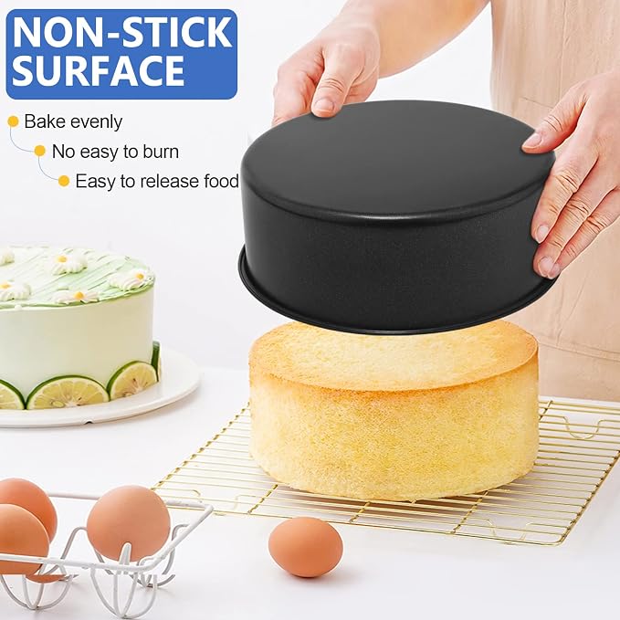 P&P CHEF 9.5 Inch Cake Pan, Nonstick Round Baking Layer Cake Pans Tins Set for Birthday Wedding, 2.94-Inch Deep Side & One-piece Design, Stainless Steel Core & Easy Clean, Black