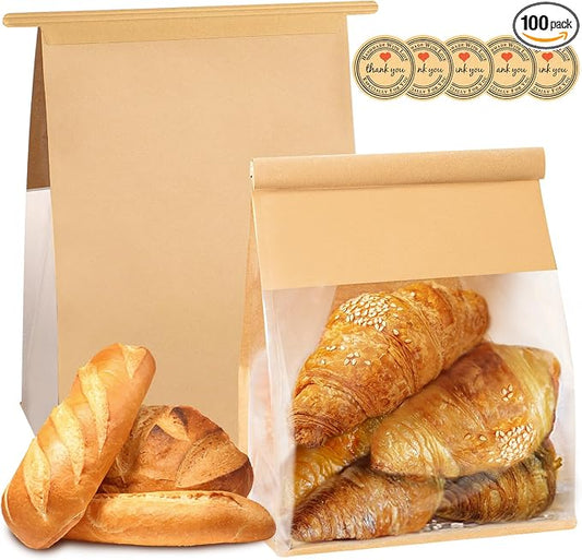 Heavy Duty Paper Bread Bags with Tin Tie Tab Lock 100PCS, Loaf Bag with Clear Front Window, Storage Packaging Treat Bag for Bakery Cafe Homemade Bread 10.2" × 5.1" × 6.3"
