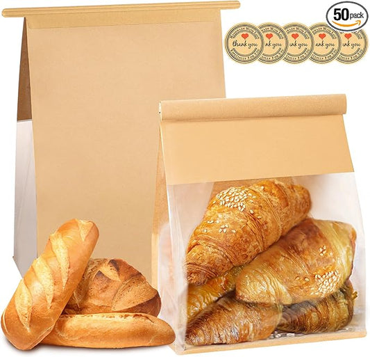 Heavy Duty Paper Bread Bags with Tin Tie Tab Lock 50PCS, Loaf Bag with Clear Front Window, Storage Packaging Treat Bag for Bakery Cafe Homemade Bread 10.2" × 5.1" × 6.3"