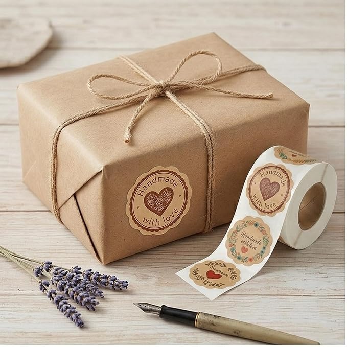 Handmade with Love Stickers Roll, 500 Kraft Paper Labels, 1.5 Inch Floral Scalloped Envelope Seals for Small Business Packaging, Baking, Gift Wrapping, Mason Jars