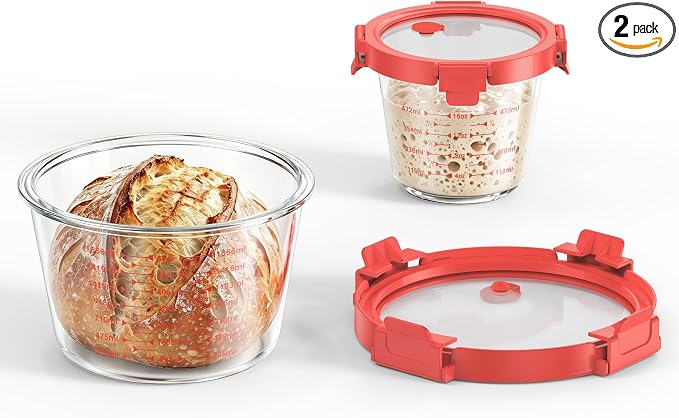 GENICOOK Sourdough Starter & Fermentation Jar Set, 2-Piece Borosilicate Glass Containers with Airtight Lids & Vent Plugs (24oz & 71oz), Wide Mouth Measuring Jars for Dough Mixing, Proofing & Baking