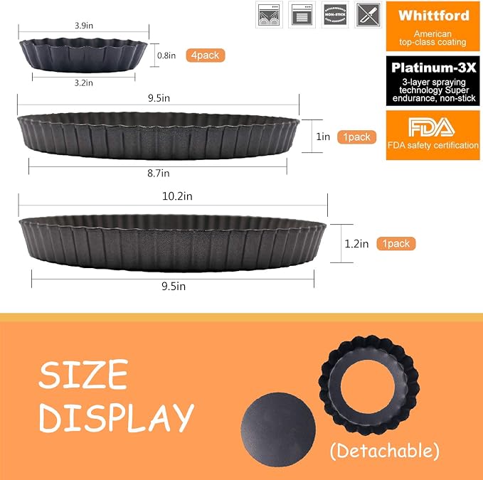 10 Inch,9.5 inch and 4 Inch 4 Pack Round Tart Pan with Removable Bottom Quiche Pan Non-Stick Baking Dish Pan Carbon Steel Pie Tart for Kitchen Cooking Baking