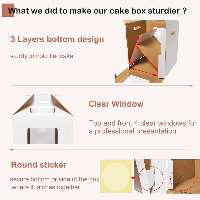 Mcfleet Tall Cake Boxes 4 Pack 12x12x14 for Tier Cakes with Window - 12 Inch Disposable Large Layer Bakery Carrier with Handle - Bakery Safe Transport Box for Wedding, Birthday, Party