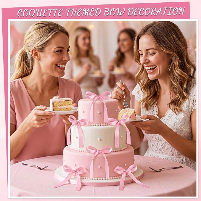 30 PCS Pink Bows for Cake Ribbon Bow Cake Topper Pink Bow Cupcake Toppers for Bridal Weddings Baby Shower Birthday Party Bachelorette Balloon Wall Decorations
